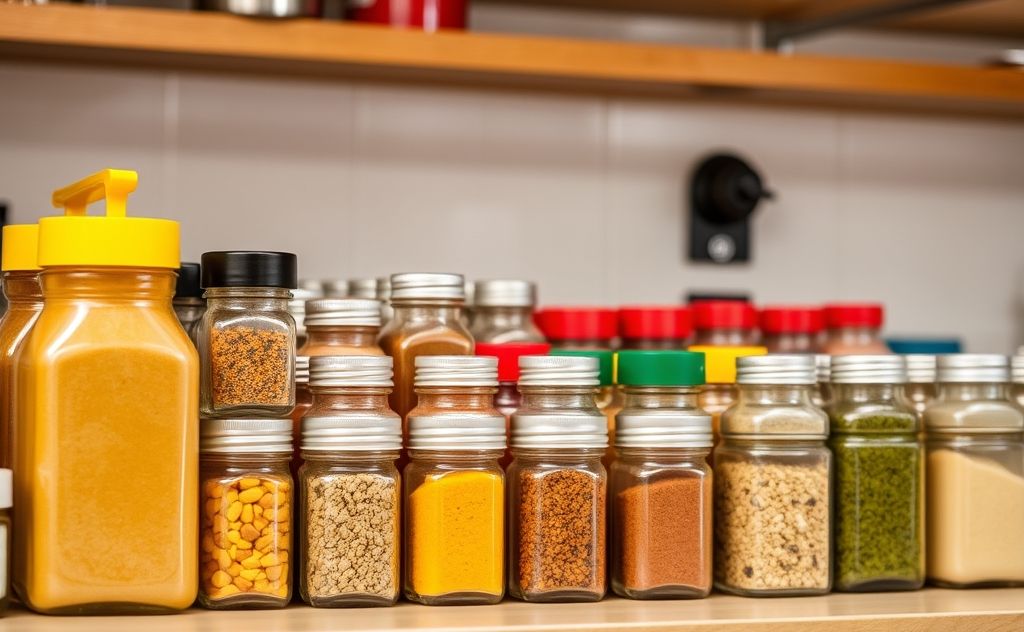 A colorful assortment of spice jars neatly arranged in a kitchen.
