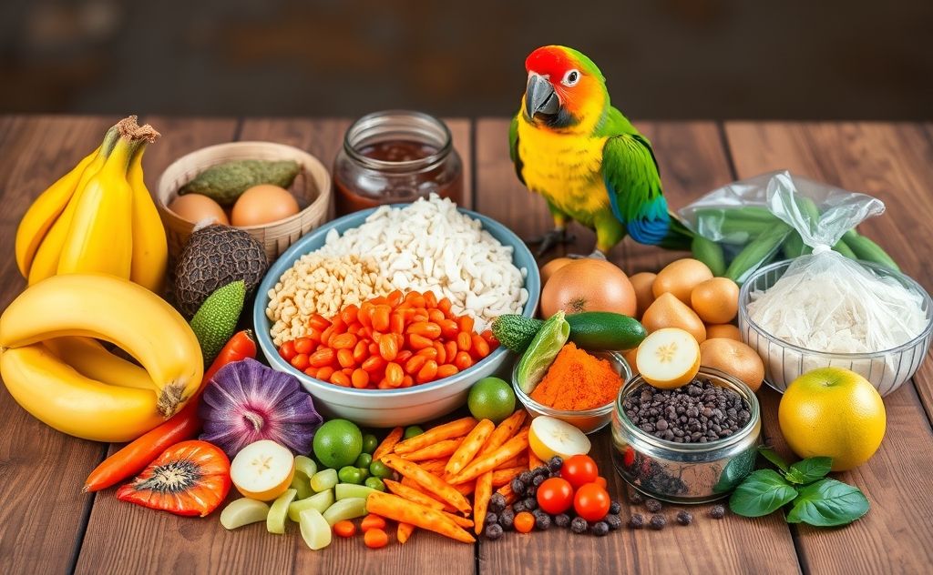 A colorful assortment of superfoods for parrots on a wooden table.
