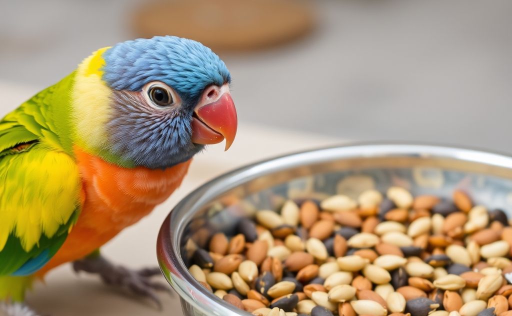 A colorful baby parrot perched next to a feeding bowl filled with seeds.