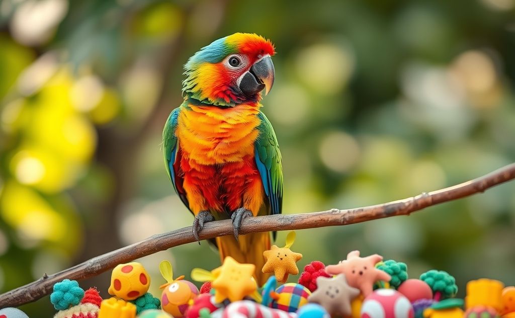 A colorful baby parrot perched on a branch surrounded by toys.