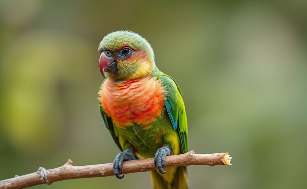 A colorful baby parrot perched on a branch with food nearby.