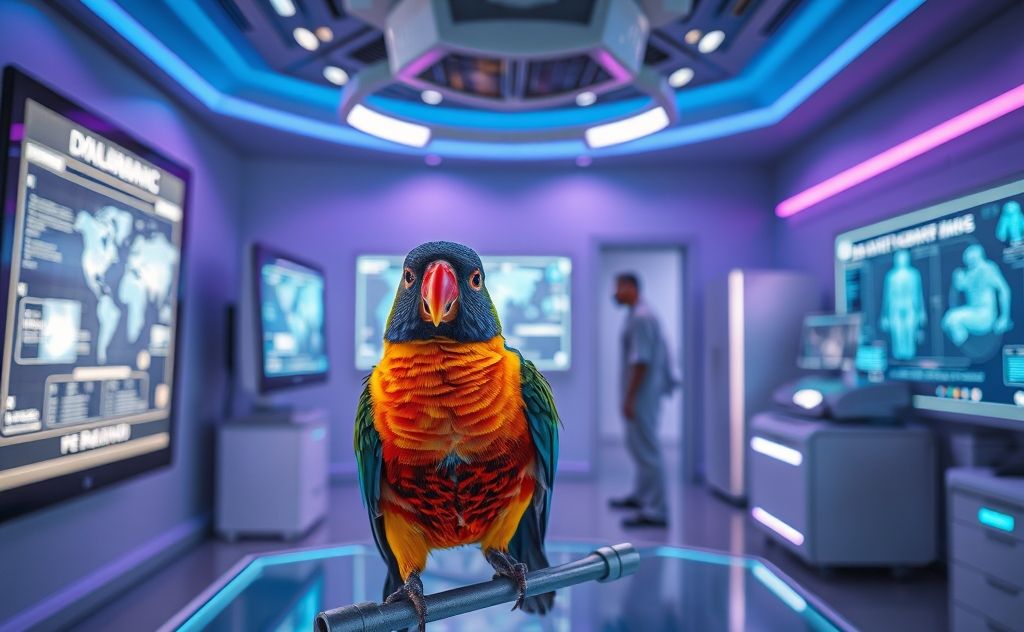 A colorful bird being examined in a virtual veterinary setting.