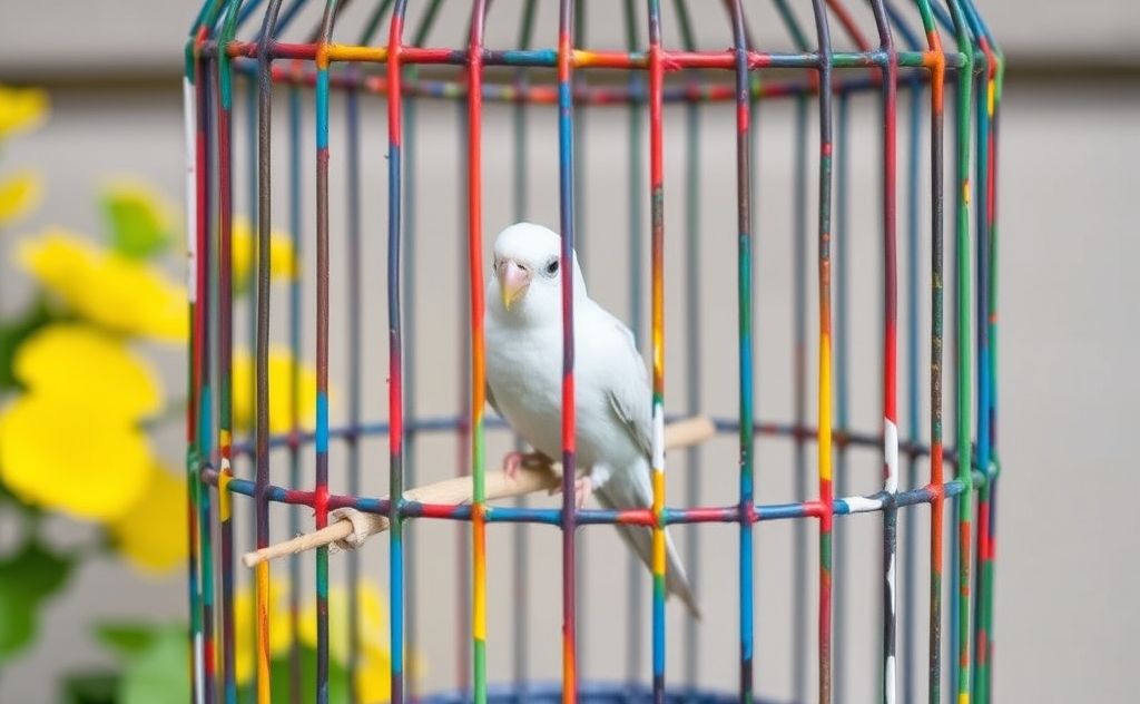 A colorful bird cage painted with non-toxic, bird-safe paint.