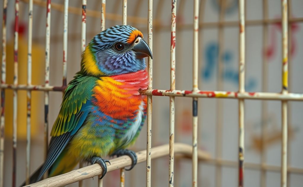 A colorful bird perched near a painted birdcage with safe paint.