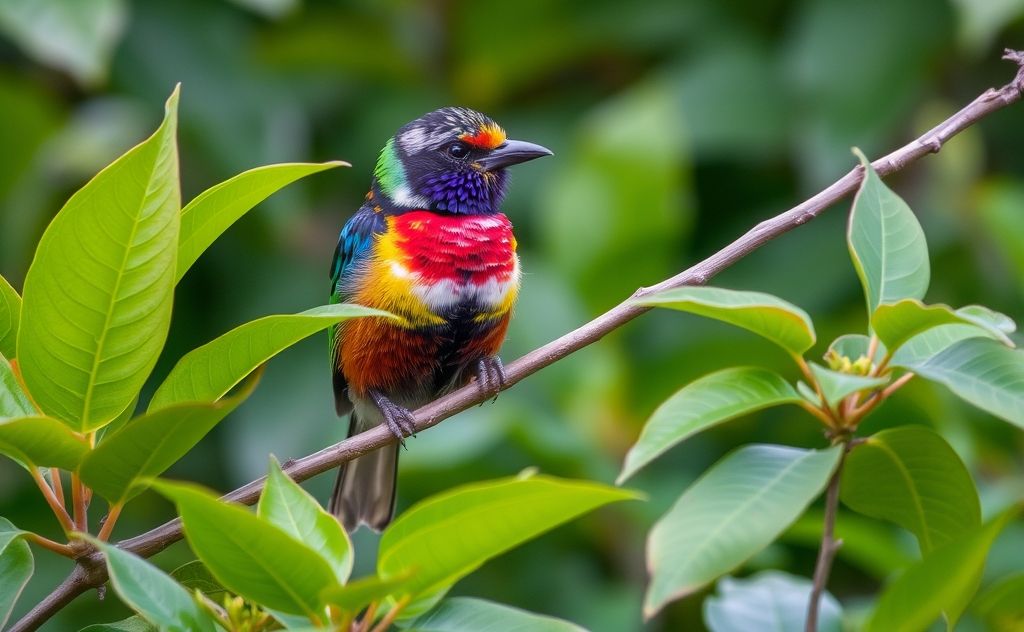 A colorful bird perched on a branch surrounded by leafy greens.