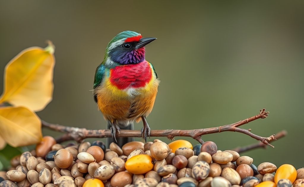 A colorful bird perched on a branch surrounded by various seeds and fruits.