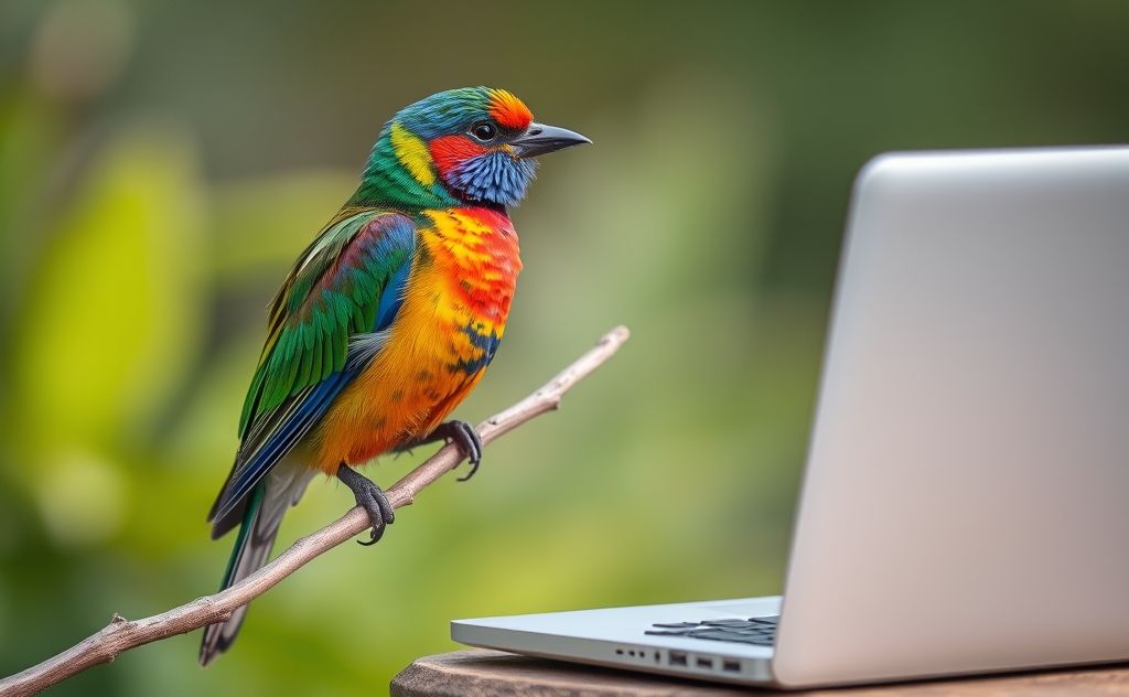 A colorful bird perched on a branch with a laptop nearby.