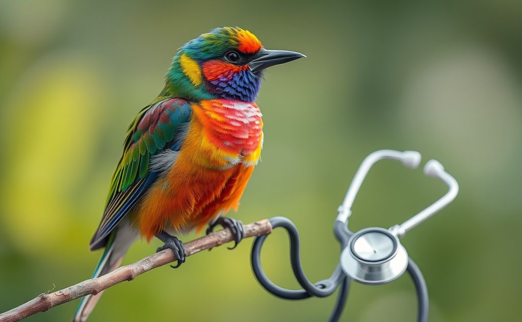 A colorful bird perched on a branch with a stethoscope nearby.