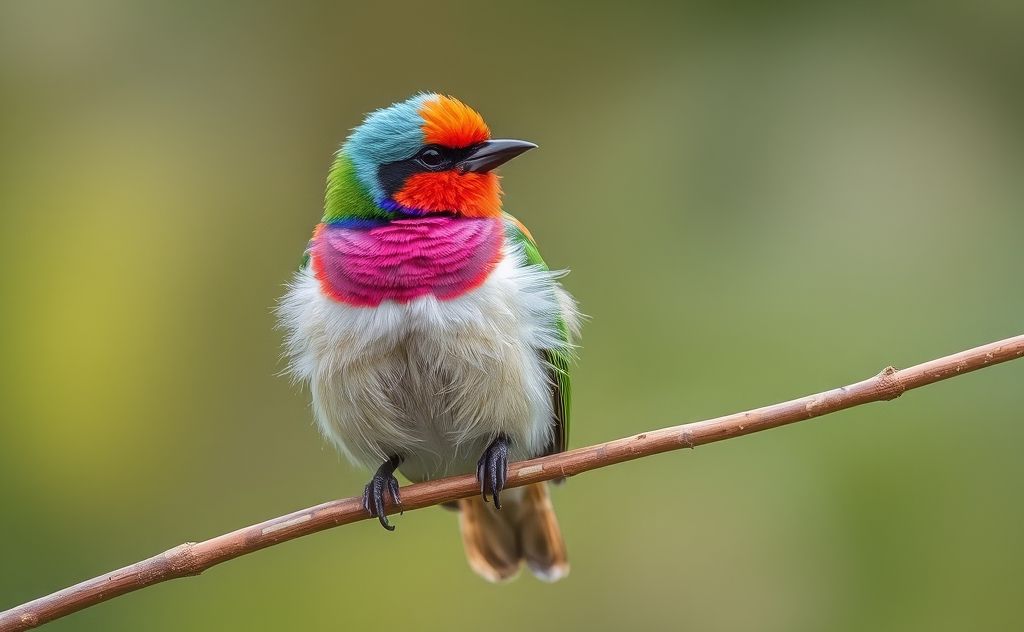 A colorful bird perched on a branch with fluffy feathers.