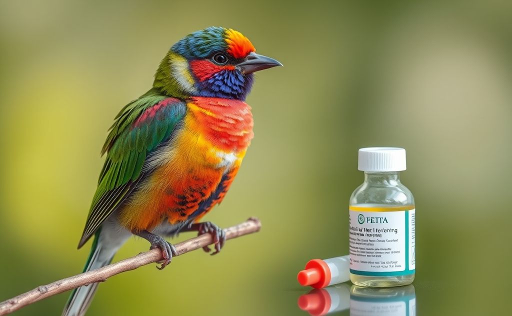 A colorful bird perched on a branch with veterinary medication nearby.