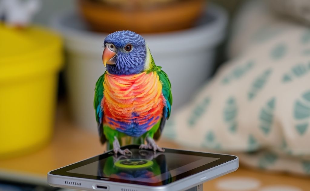 A colorful bird perched on a digital device in a cozy setting.