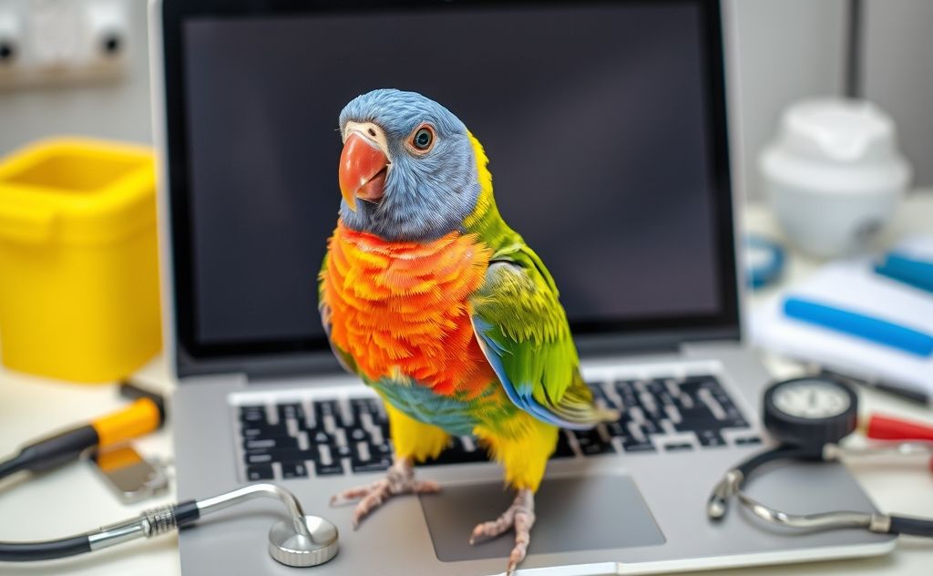 A colorful bird perched on a laptop surrounded by veterinary tools.