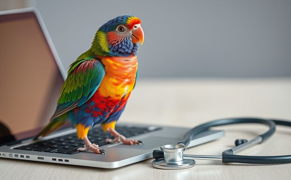 A colorful bird perched on a laptop with a stethoscope nearby.