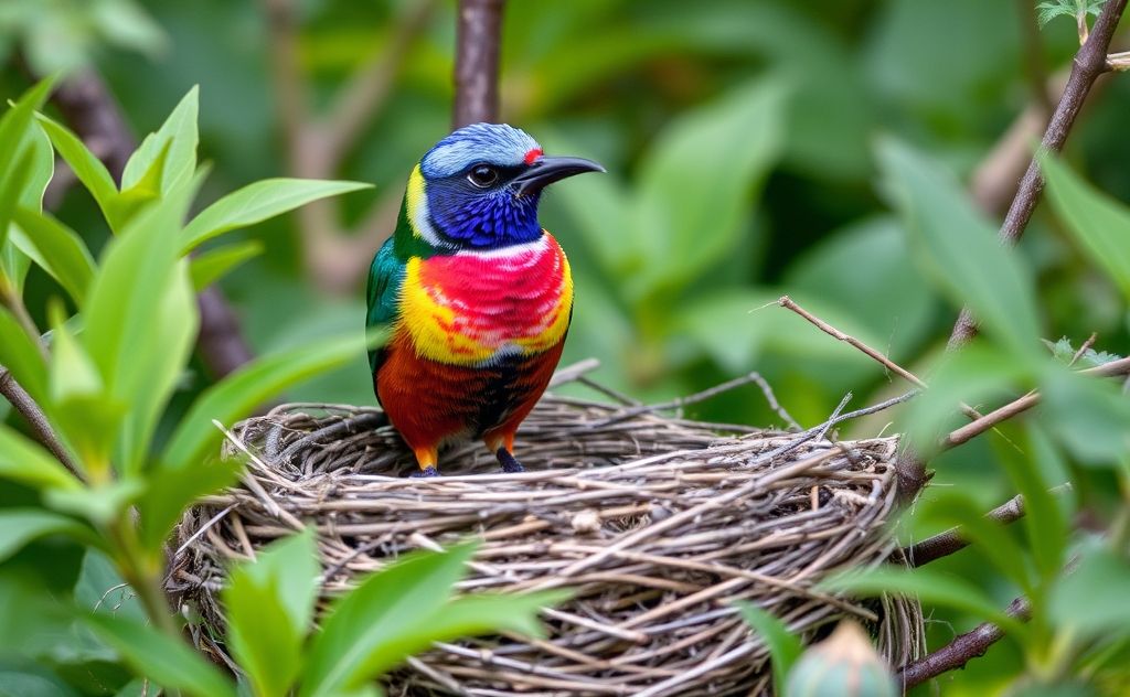 A colorful bird perched on a nest surrounded by nature's greenery.