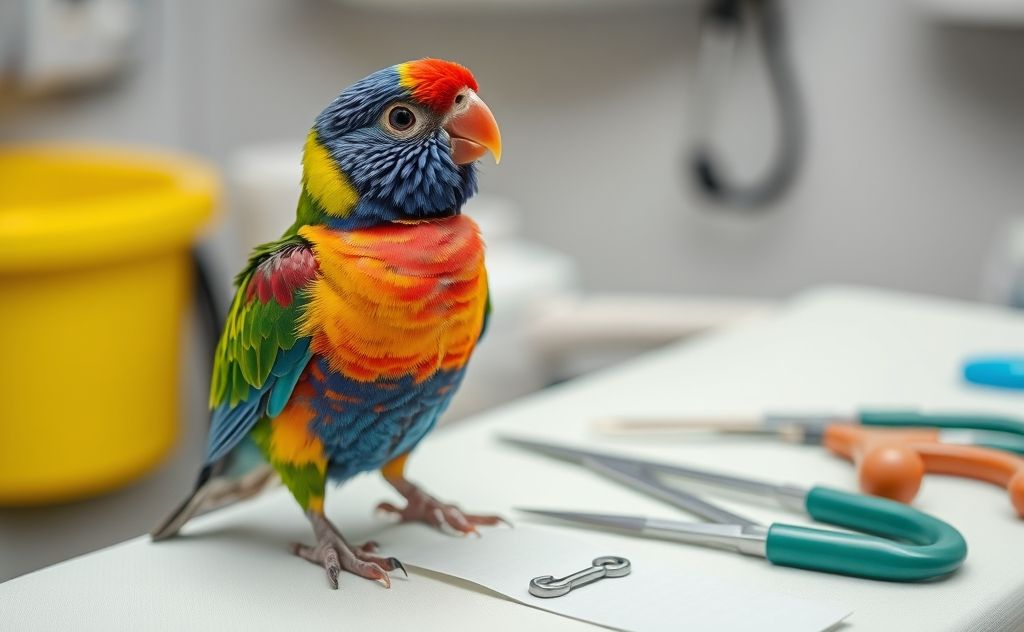 A colorful bird perched on a vet's examination table with tools.