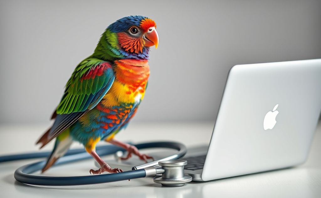 A colorful bird perched on a veterinary stethoscope with a laptop.