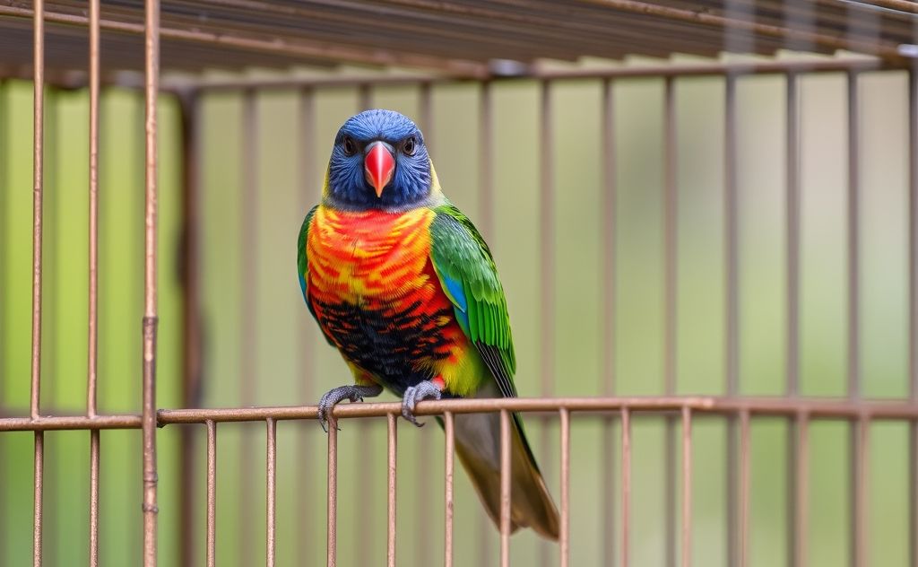 A colorful bird perched on the edge of an open cage.