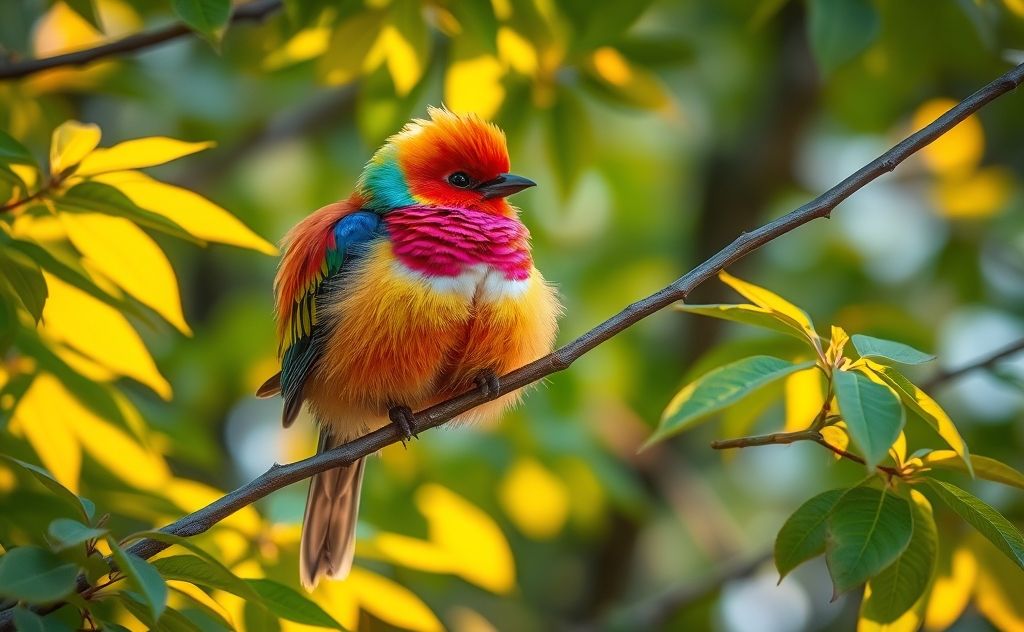A colorful bird with fluffy feathers perched on a branch.