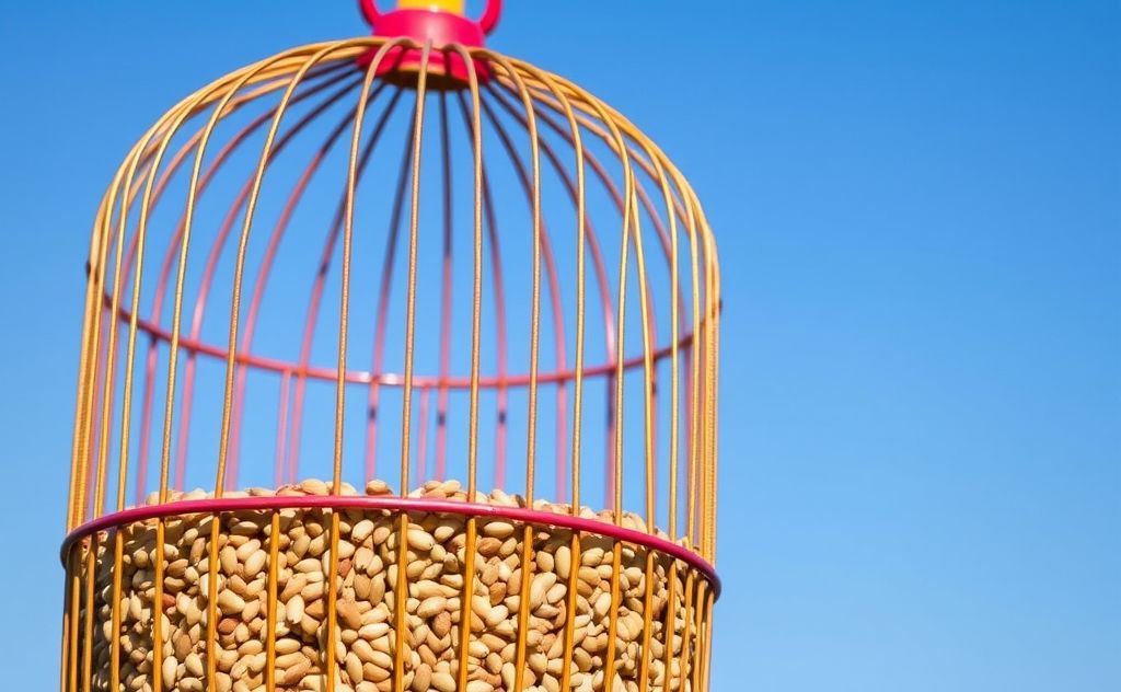 A colorful birdcage filled with seeds under a clear blue sky.