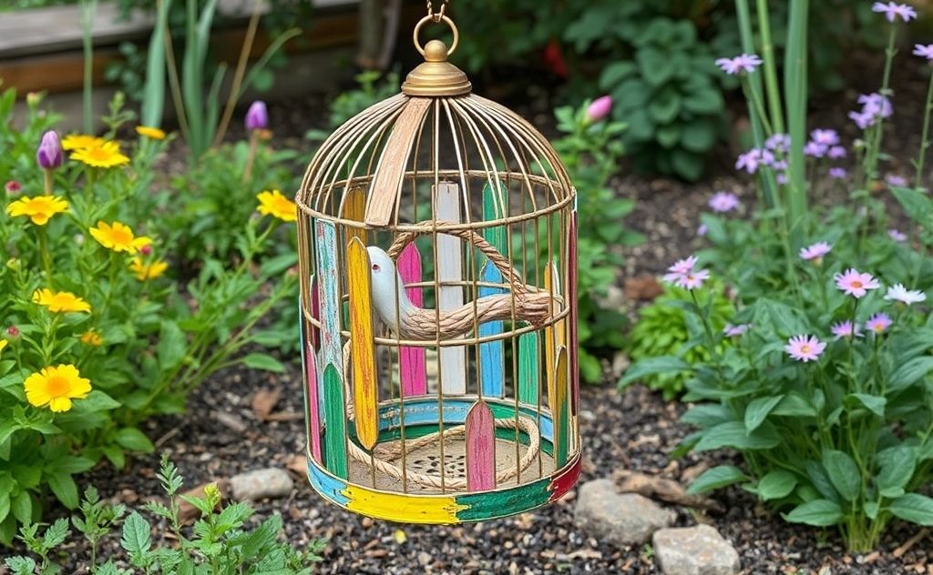 A colorful birdcage made from recycled materials in a garden setting