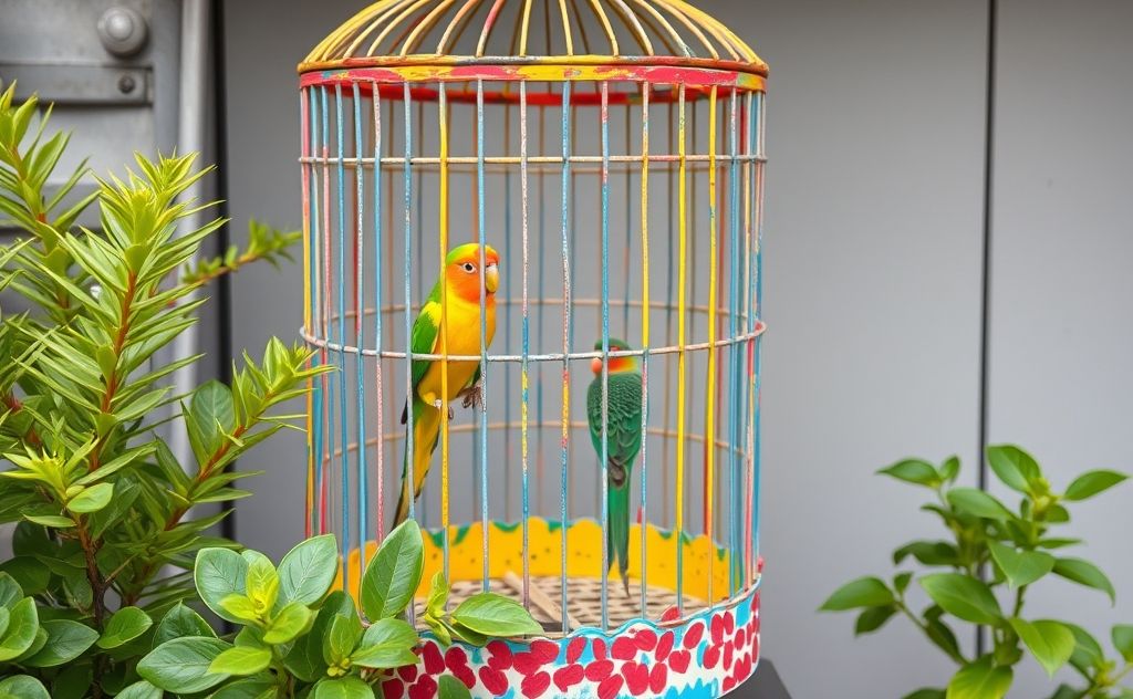 A colorful birdcage painted with bird-safe colors and plants nearby.