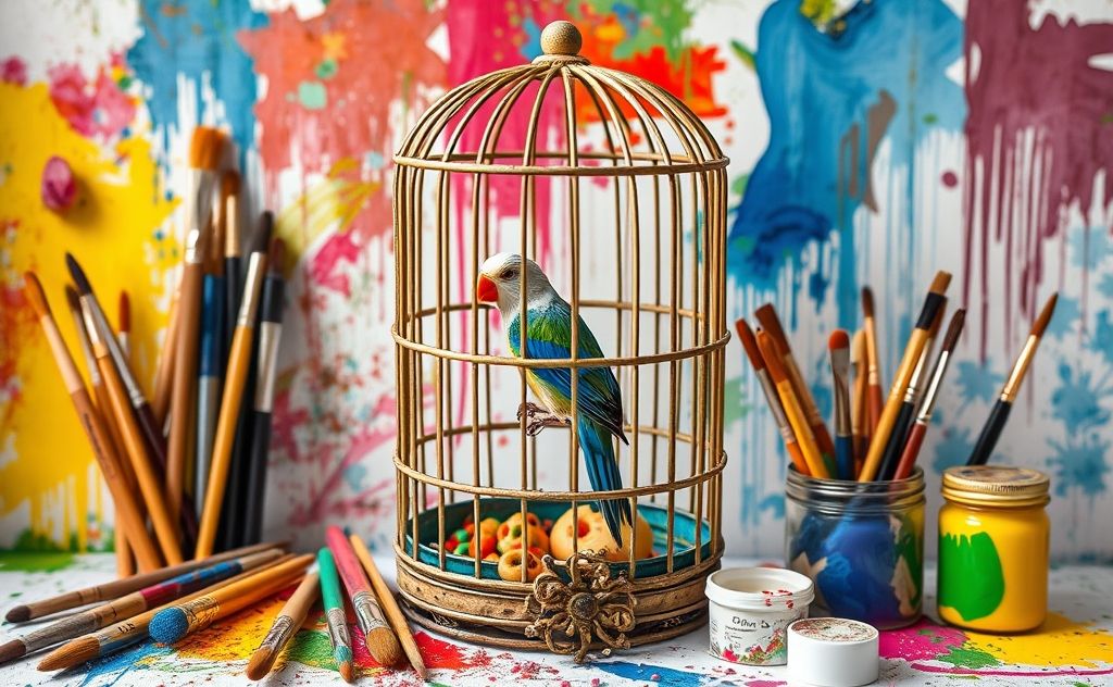 A colorful birdcage surrounded by paintbrushes and vibrant paints.