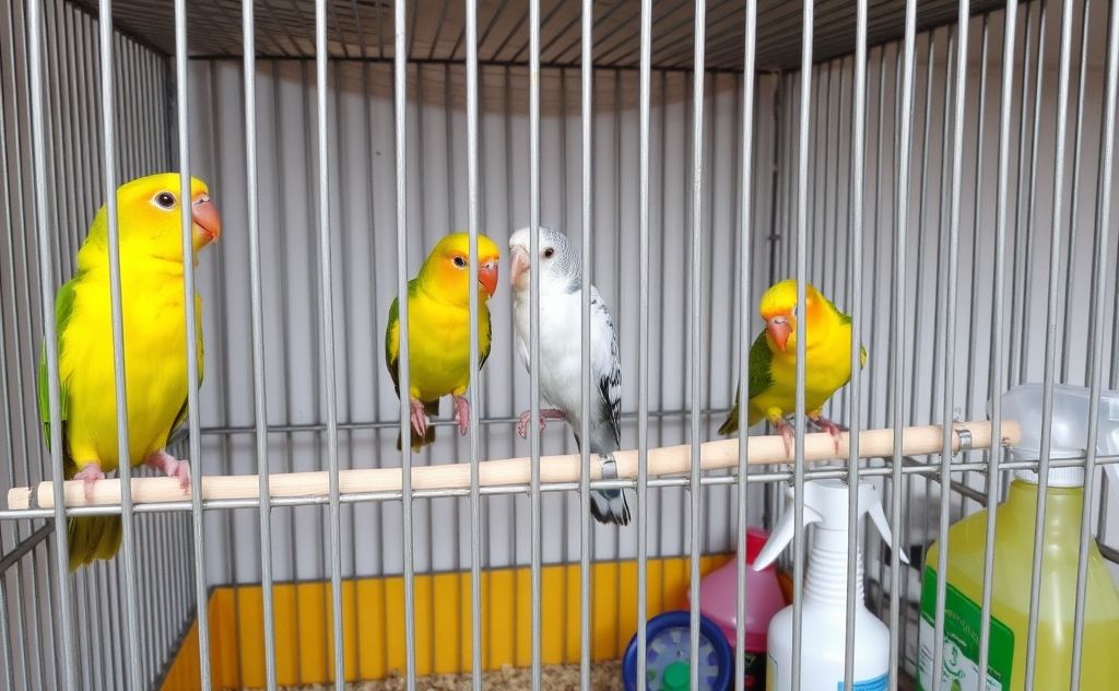 A colorful birdcage with birds perched on the bars and cleaning supplies nearby.