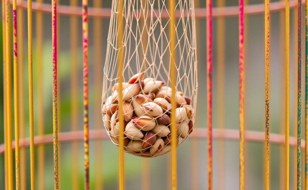 A colorful birdcage with seeds catching in a decorative net.