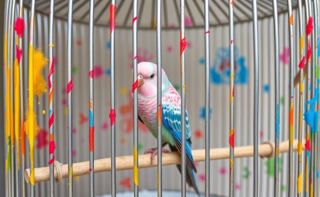 A colorful birdcage with vibrant, pet-safe spray paint designs.