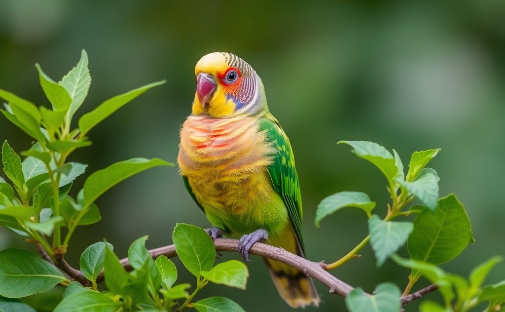A colorful budgie perched on a branch surrounded by fresh greens.