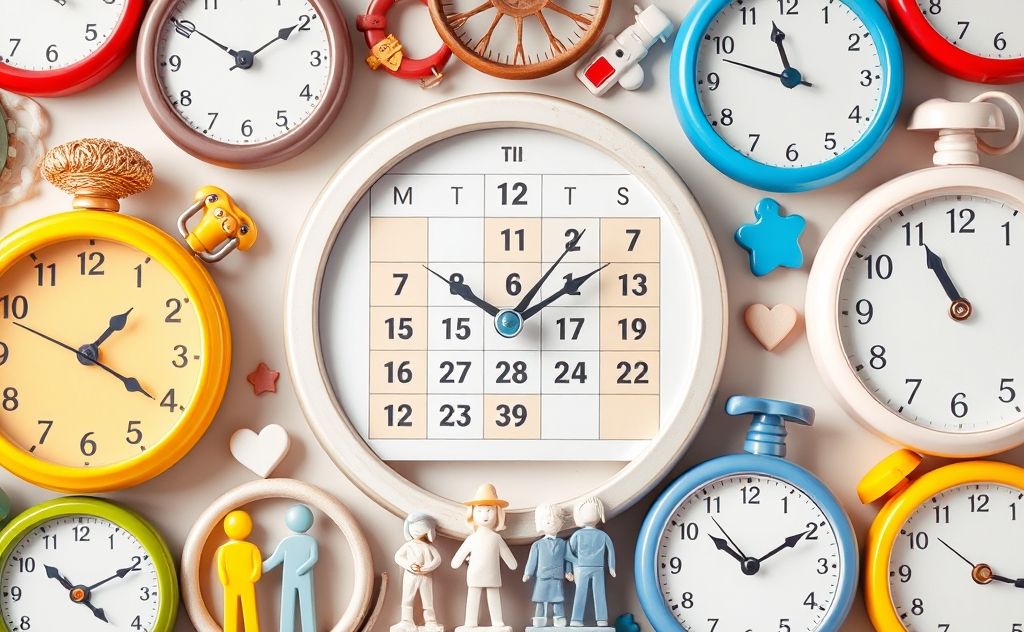 A colorful calendar surrounded by clocks and family icons.