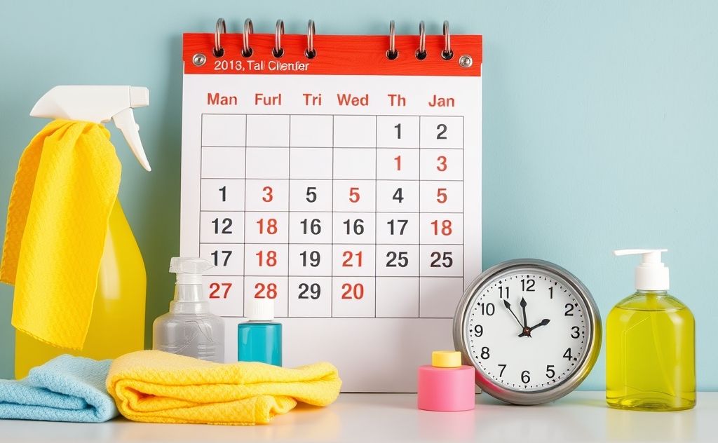 A colorful calendar with cleaning supplies and a clock.