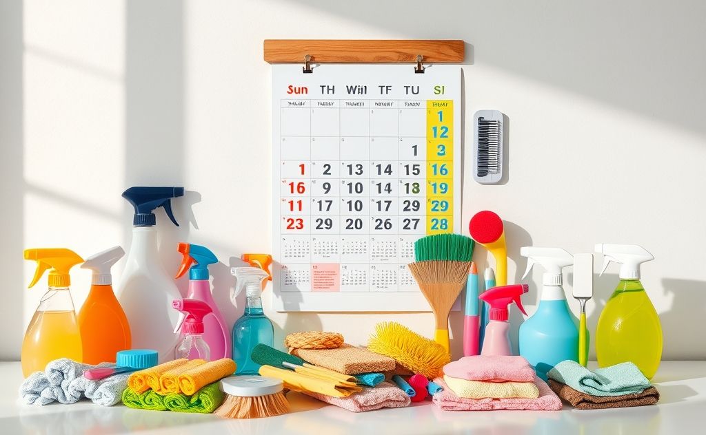 A colorful calendar with cleaning supplies arranged around it.