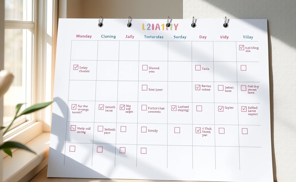 A colorful calendar with cleaning tasks and checkboxes.