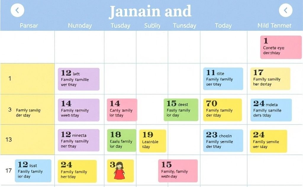 A colorful calendar with family icons and time slots.