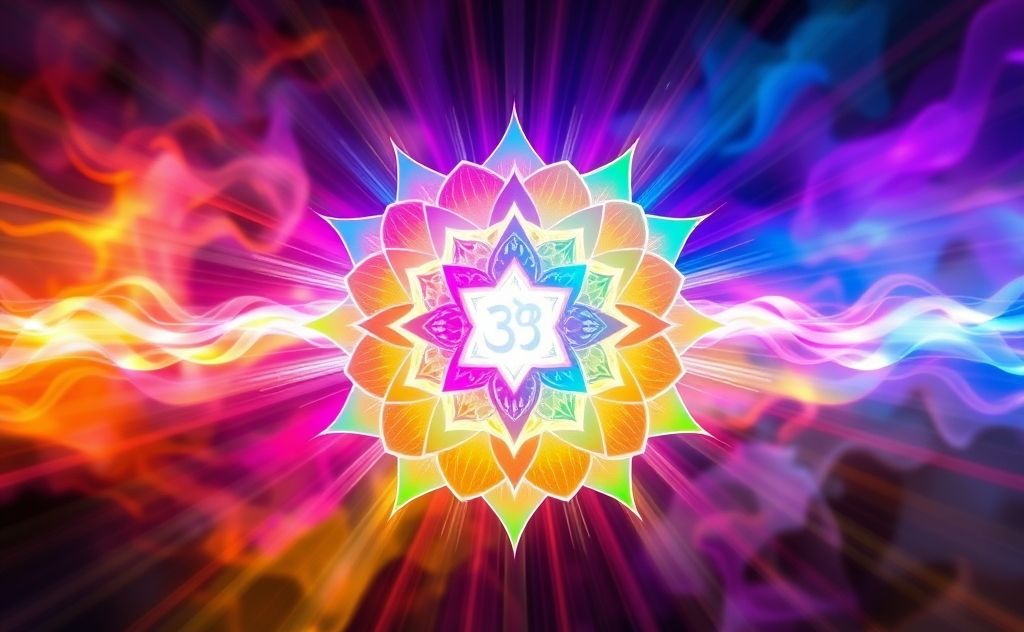 A colorful chakra symbol with vibrant energy waves surrounding it.