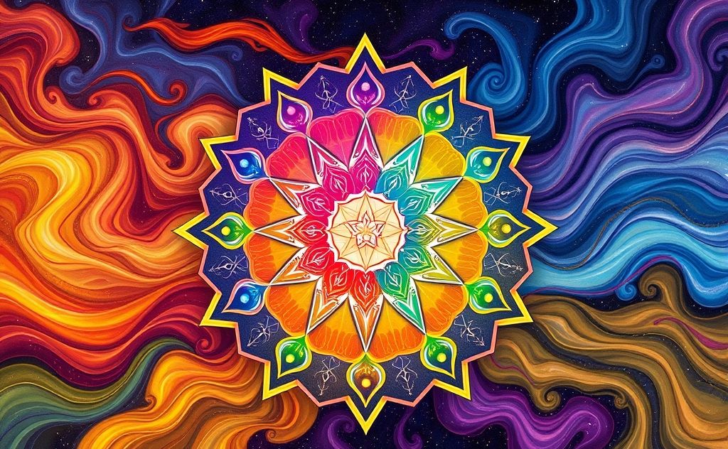A colorful chakra wheel surrounded by flowing emotional symbols.