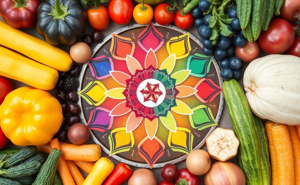 A colorful chakra wheel surrounded by fresh fruits and vegetables.