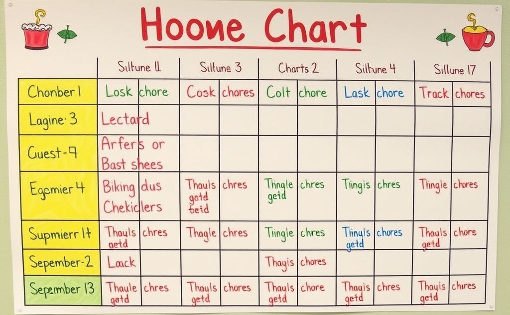 A colorful chart showing assigned chores for siblings in a home setting.