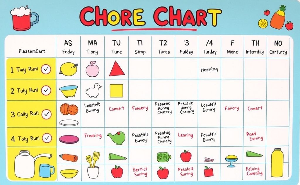 A colorful chore chart with household items and a rotating schedule.