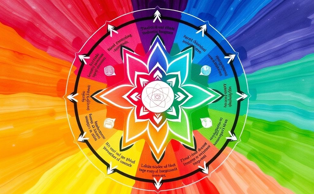 A colorful circle depicting the seven chakras with affirmations.
