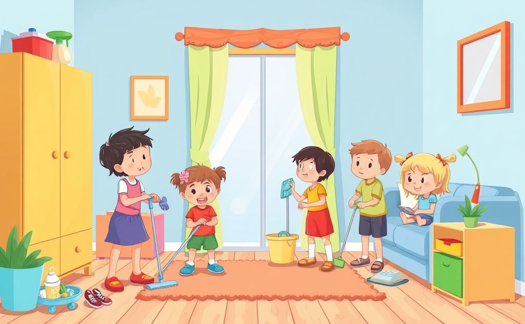 A colorful cleaning scene with kids happily tidying up a room.