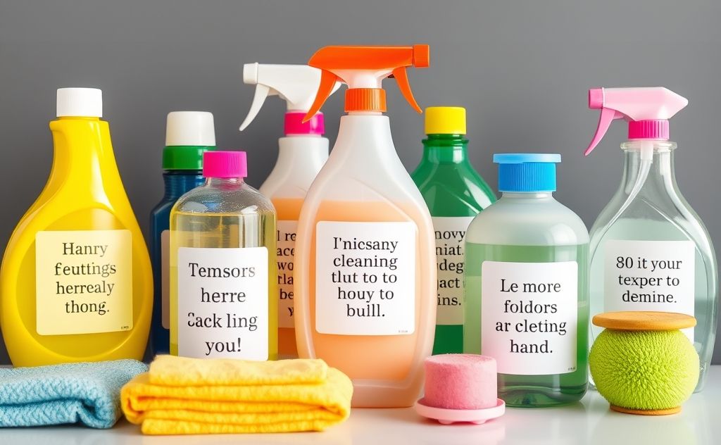 A colorful cleaning supplies arrangement with motivational quotes on labels.
