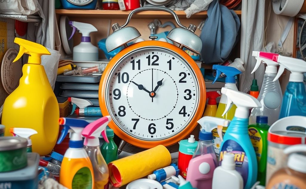 A colorful clock surrounded by cleaning supplies in a messy room.