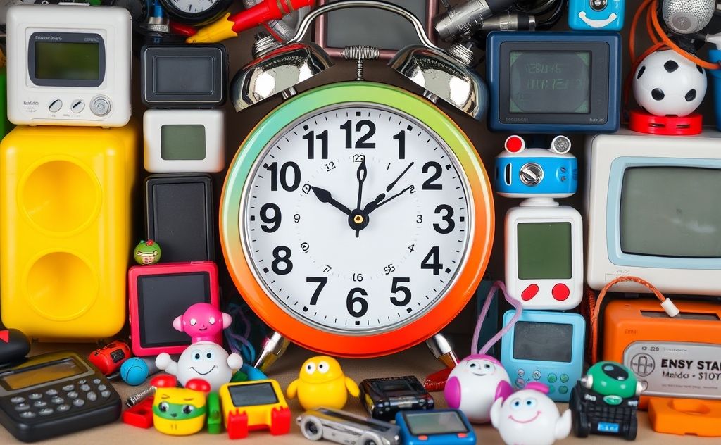 A colorful clock surrounded by various digital devices and toys.