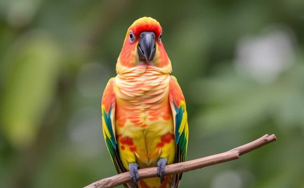 A colorful cockatoo perched on a branch, looking calm and friendly.