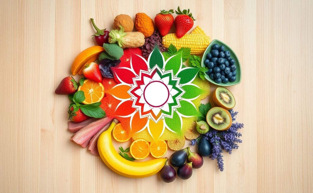 A colorful display of balanced foods representing each chakra.