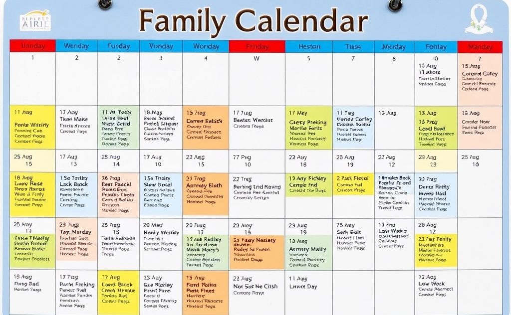 A colorful family calendar with dates and events marked clearly.