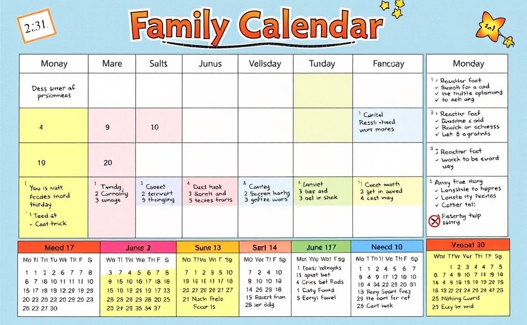 A colorful family calendar with distinct sections for each member.