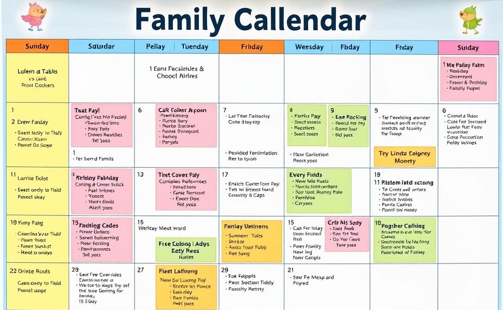 A colorful family calendar with various activities and events marked.